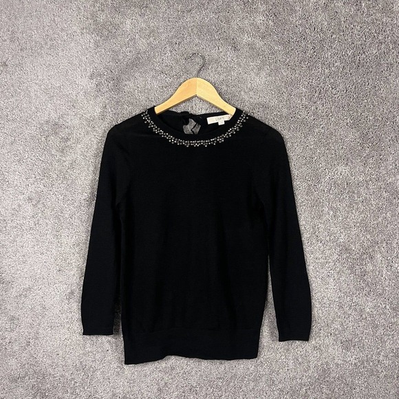 Ann Taylor Loft Sweater Womens Medium Black Rhinestone Neckline 3/4 Sleeve Knit - Picture 1 of 8